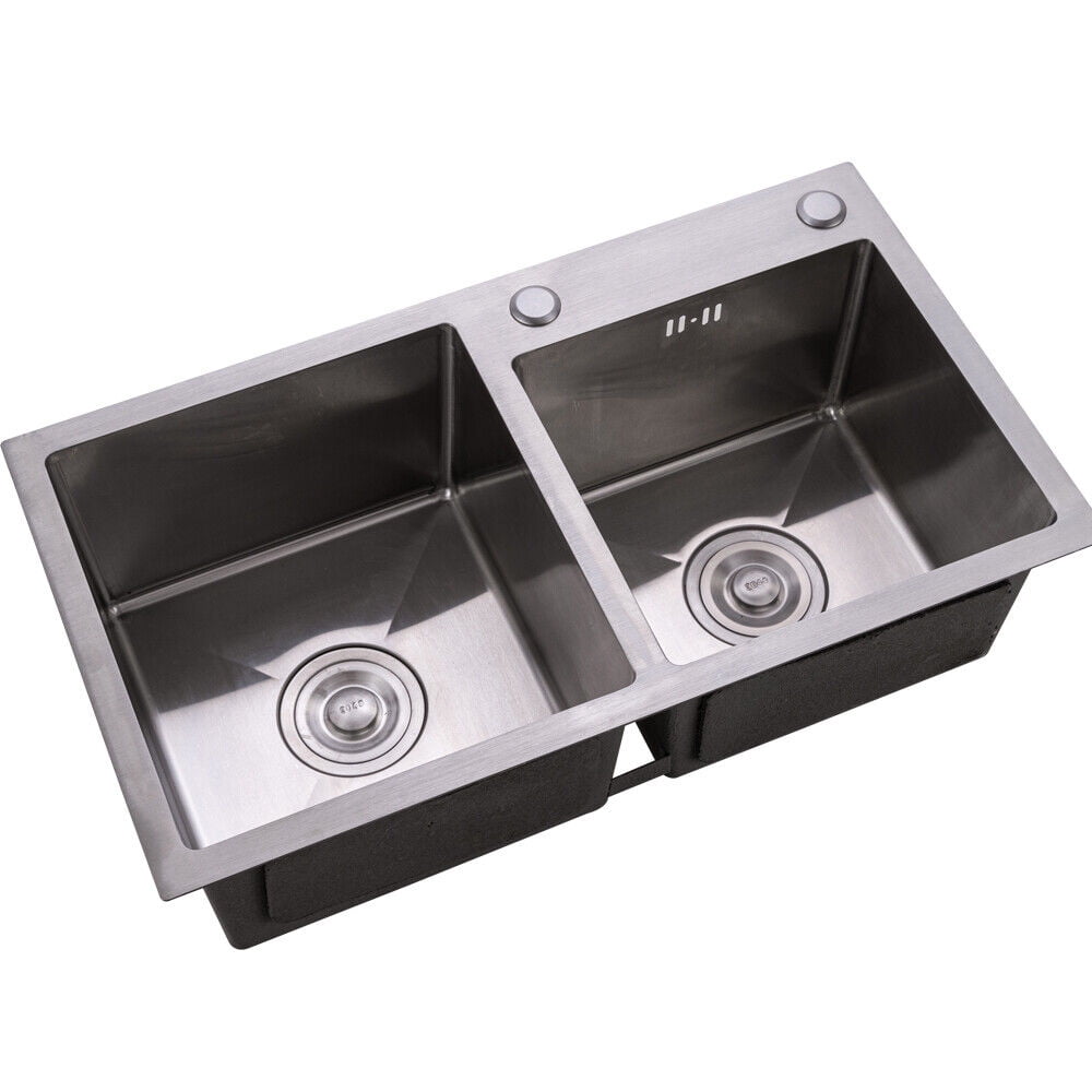 DENSET Silver Stainless Steel 30in Square Double Bowl Sink