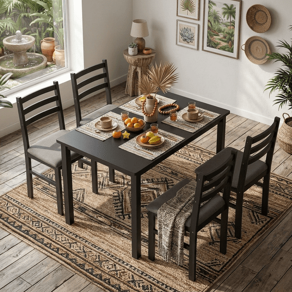 Aukfa 5-Piece Farmhouse Dining Table Set with 4 Chairs,Space-Saving Apartment/Breakfast Nook Furniture, Black