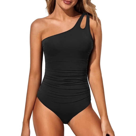 SOMER One Shoulder One Piece Swimsuit for Women Tummy Control Bathing Suits Modest Full Coverage Keyhole Swimwear, Black