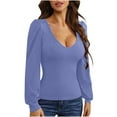 thumbnail image 2 of Yxbdin Puff Long Sleeve Blouses for Women Solid Deep V Neck Shirts Dressy Casual Slim Fit Tops Spring Going Out Outfits Blue S, 2 of 5