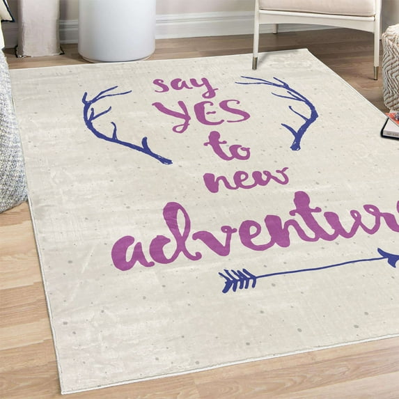 Adventure Decorative Rug, Calligraphic Words Antlers and Arrow on Grunge Dotted Backdrop, Quality Carpet for Bedroom Dorm and Living Room, 6 Sizes, Dark Violet, by Ambesonne
