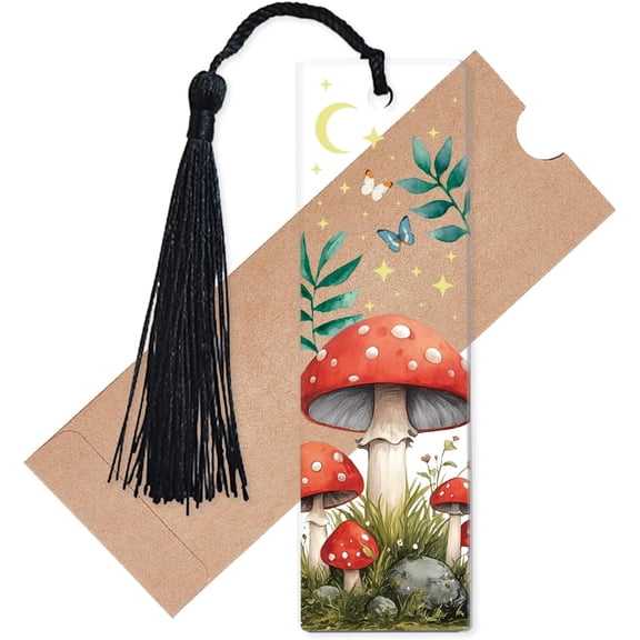 Mushroom Book Marks Acrylic Rectangle Bookmarks Clear Transparent Page Book Marker Tag with Tassel Printed Plants Butterfly Reader Gifts