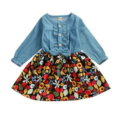 

Toddler Baby Girl Clothes Kid Long Sleeve Flower Print Denim Stitching Ruffle Button Bow Skirt