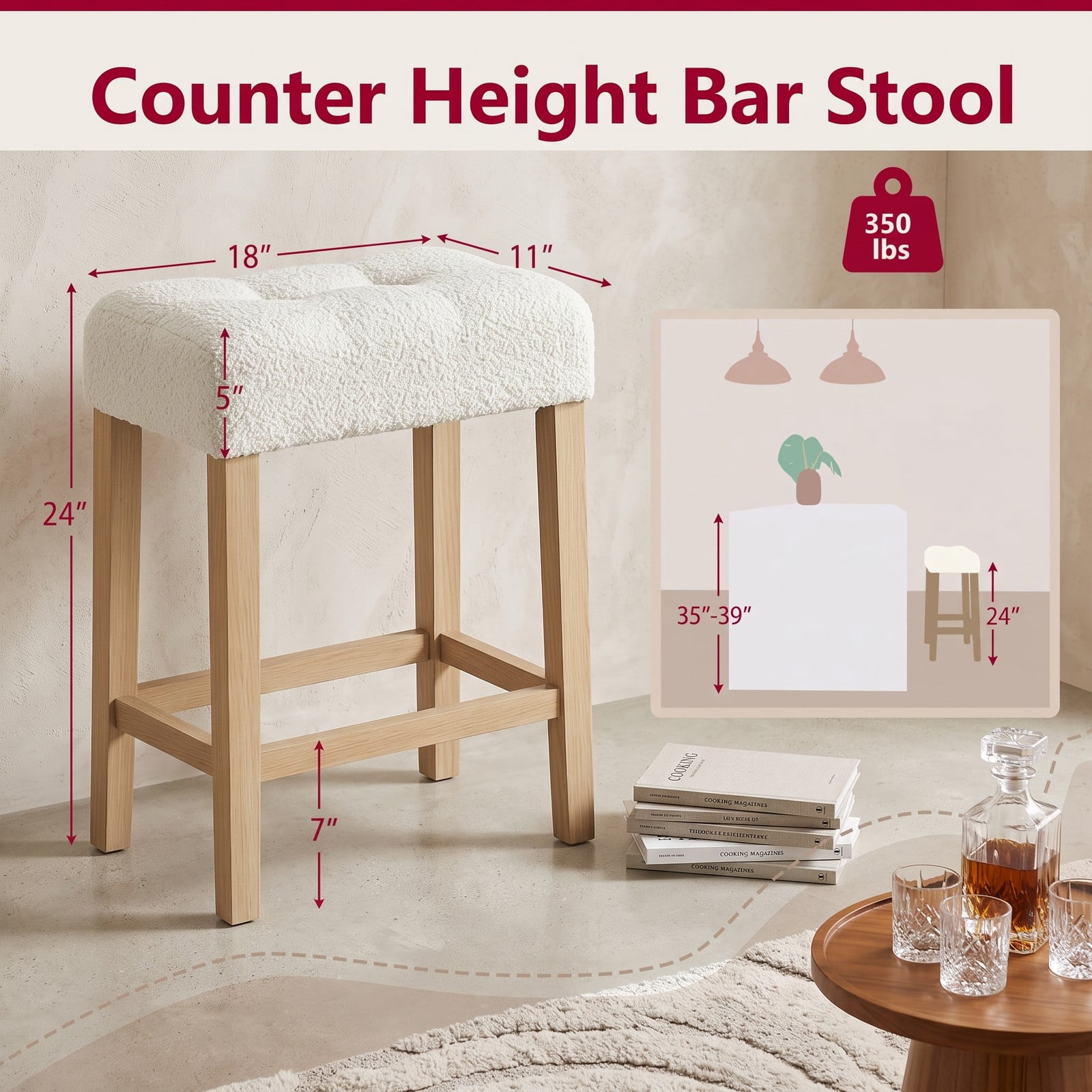 Furnibear Counter Height Bar Stools Set of 2, Upholstered Sherpa Fabric Barstools with Rubber Wood Legs, Footrest & Anti-Slip Pads, Backless Kitchen, Beige and Natural