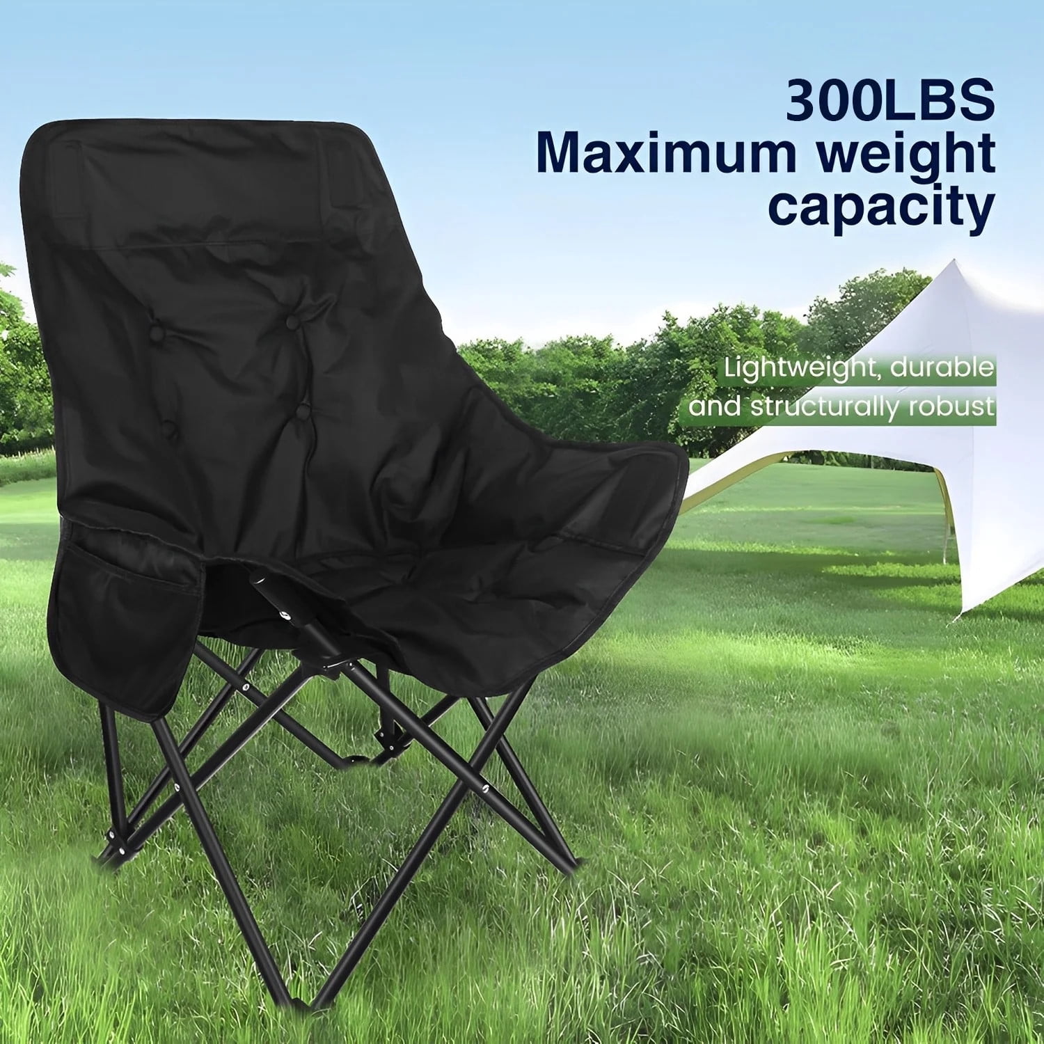 TEAFIRST Camping Chair, Oversized Comfort Padded Folding with Cup Holder, for Outdoor Camping, 300 lbs Capacity, Black