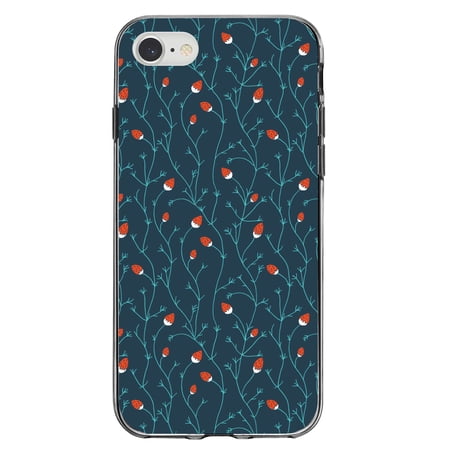 DistinctInk Clear Shockproof Hybrid Case for iPhone 7 8 SE (2020 Model) 4.7 Screen TPU Bumper Acrylic Back Tempered Glass Screen Protector - Modern Floral - Strawberry Vine - Teal Navy