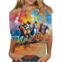 Horse Racing Printed Tunic Tops for Women Round Neck Tee 3/4 Sleeve Tops Loose Fitted Tunic Blouses Plus Size Baggy Boho Dressy Shirts Dressy CaUSAl Tunic Blouse Workout Going Out Outfits