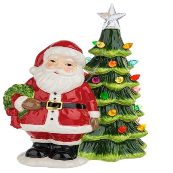 Ganz LED Light Up Shimmer Santa with Christmas Tree Figurine 7 inch Multicolor