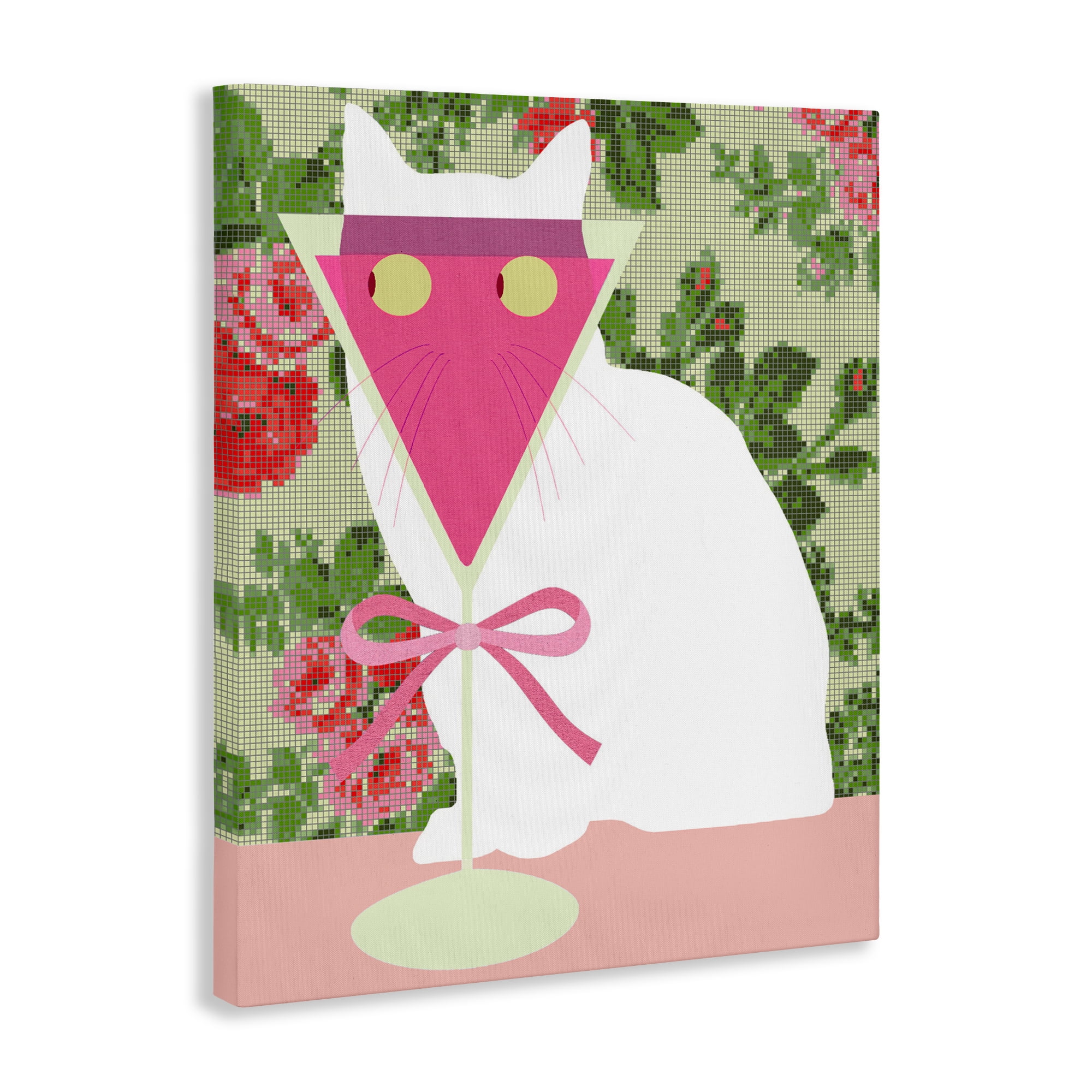 Stupell Industries White Cat with Pink Martini Canvas Wall Art, design by Lil' Rue