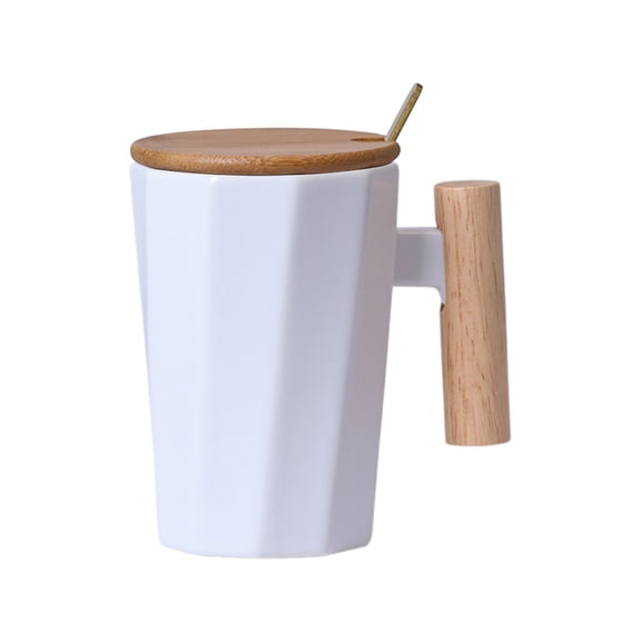 Leodye 1PCS Wooden Handle Ceramic Coffee Mug, office Drinking Cup, Holiday Event Gift Mug, Simple Style Cup for Home Daily and Business Giveaway -4.44x4.52in