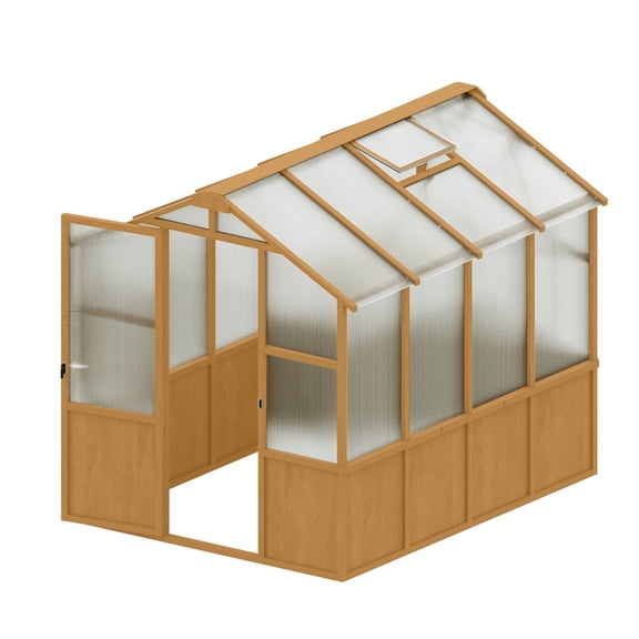 6x8 FT Wooden Walk-in Greenhouse, 6MM Polycarbonate Panel with Adjustable Roof Vent, Outdoor Garden Greenhouse for Patio & Backyard