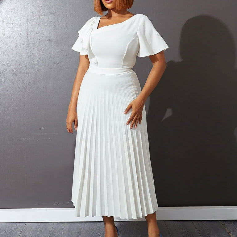 Pstuiky Womens Dresses, Women Plus Size Dress Waist Slimming Dress Layered Pleated Dress Short Sleeve V-Neck Dress Leisure White M