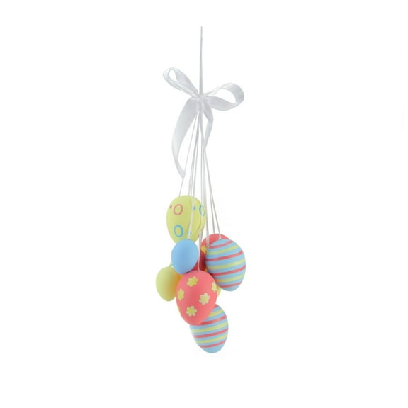 17" Pastel Yellow Blue and Pink Floral Striped Spring Easter Egg Cluster Hanging Decoration