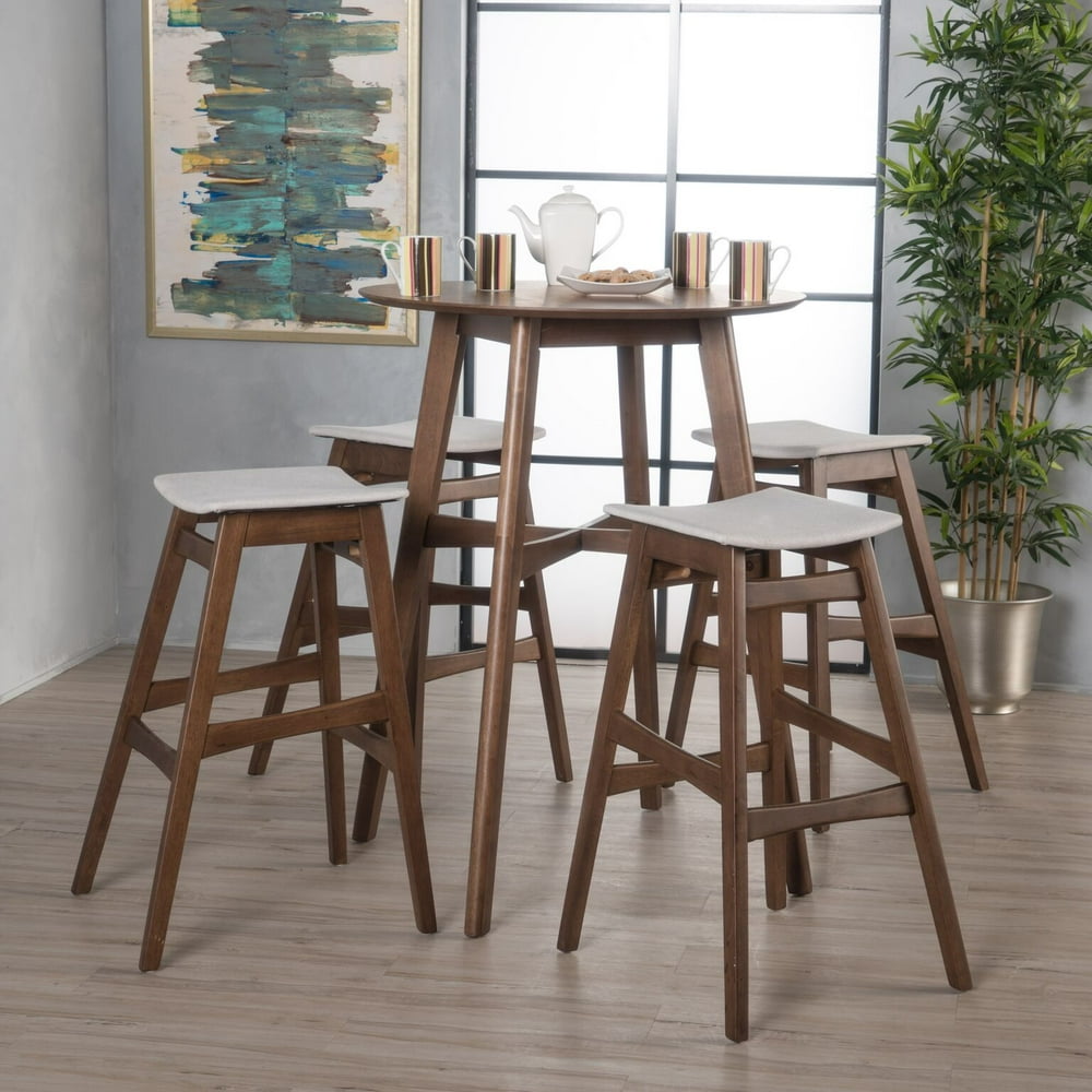 Noble House Jackie Mid-Century Modern Wood 5 Piece Bar Table Set, Walnut, Light Beige - Walmart 