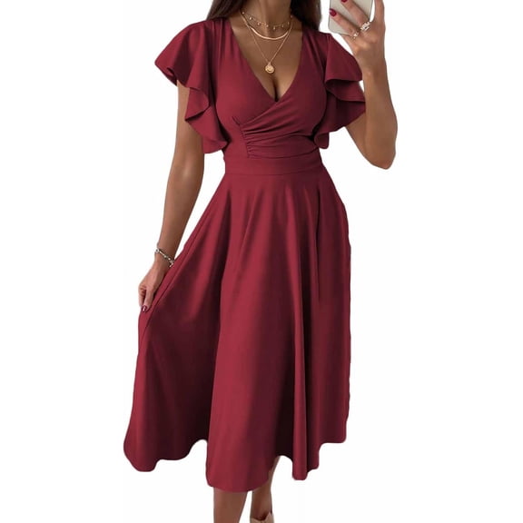 Women’s Summer Elegant V Neck Ruffle Sleeve Midi Dress, Classy Fit and Flared Cocktail Wedding Guest Dress