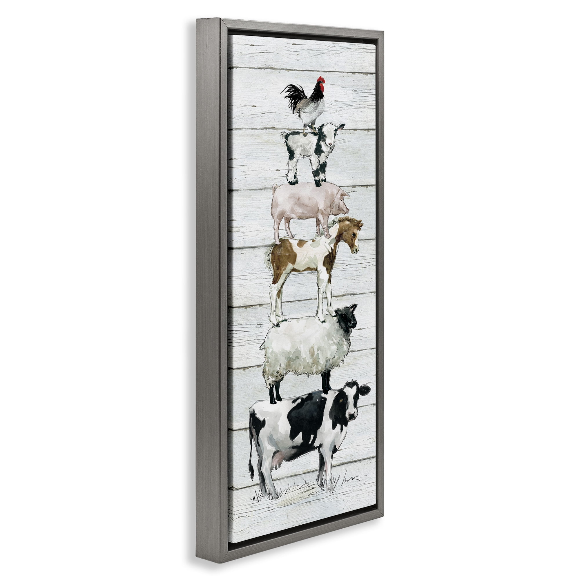 Stupell Industries Country Farm Animal Stack Animals & Insects Painting Gray Floater Framed Canvas Art Print Wall Art, 15 x 31