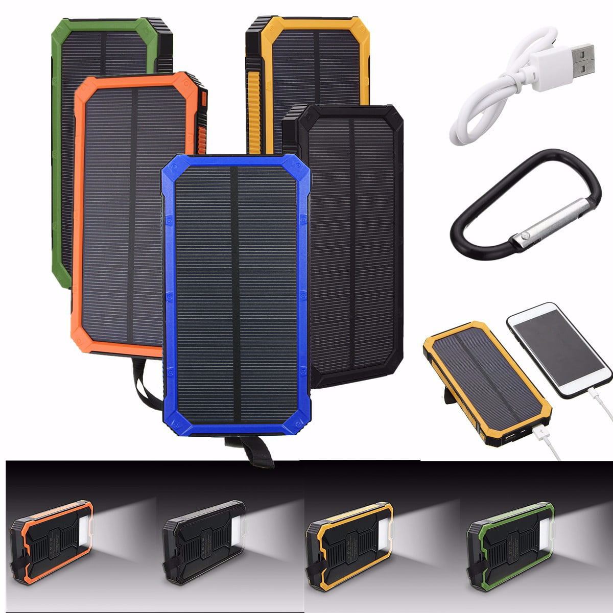 Solar Charger 12000mAh Waterproof Dual USB Port LED Flashlight Outdoor Carabiner Dustproof Shockproof Emergency for Hiking Camping Backpacking Trip compatible with Smartphones iPhone Android and other USB-Charged Devices 