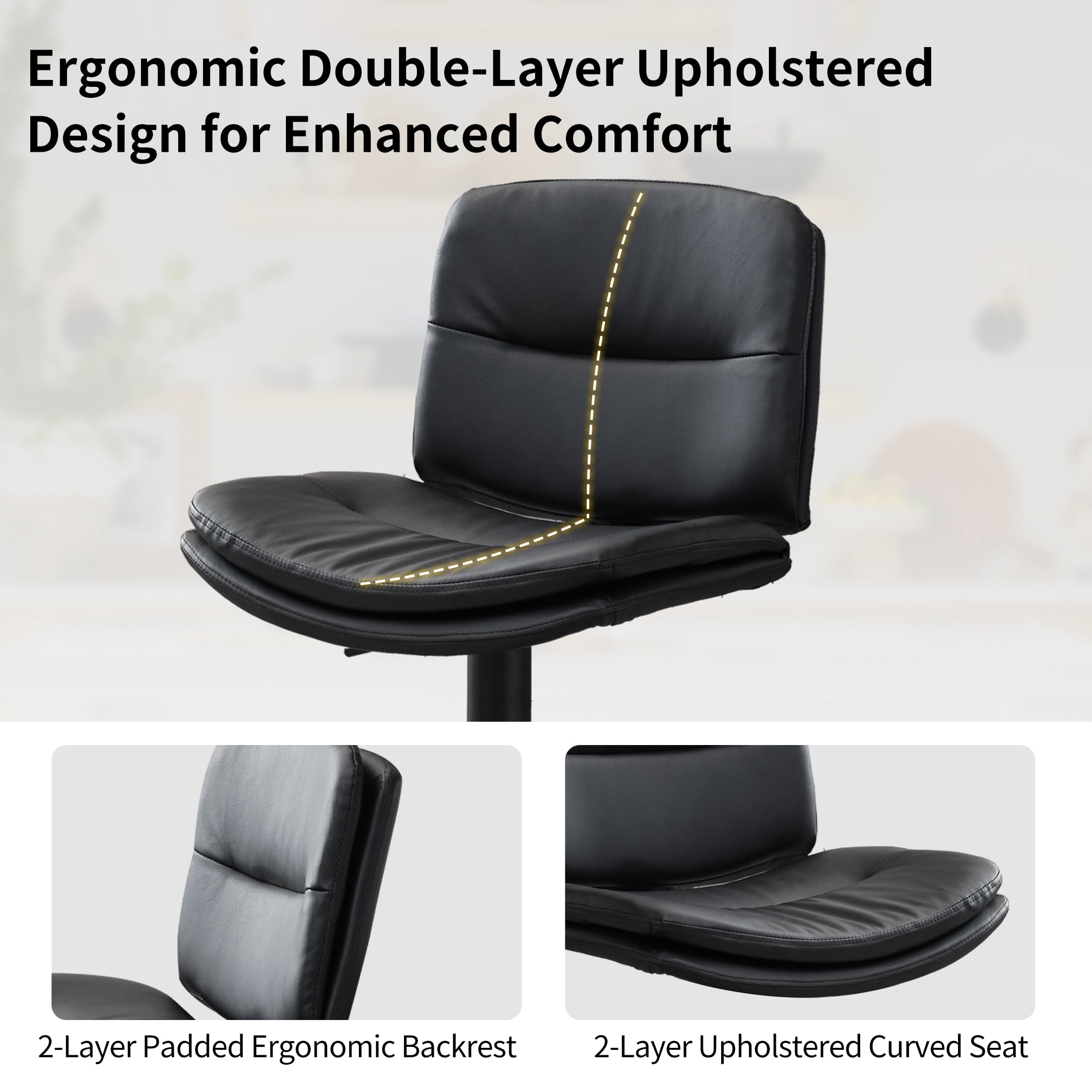 FIRAVOE Swivel Bar Stools Set of 2, Double-Layer Upholstered Counter Height Bar Stools with Back, PU Leather Height Adjustable Barstools for Kitchen Island, Black