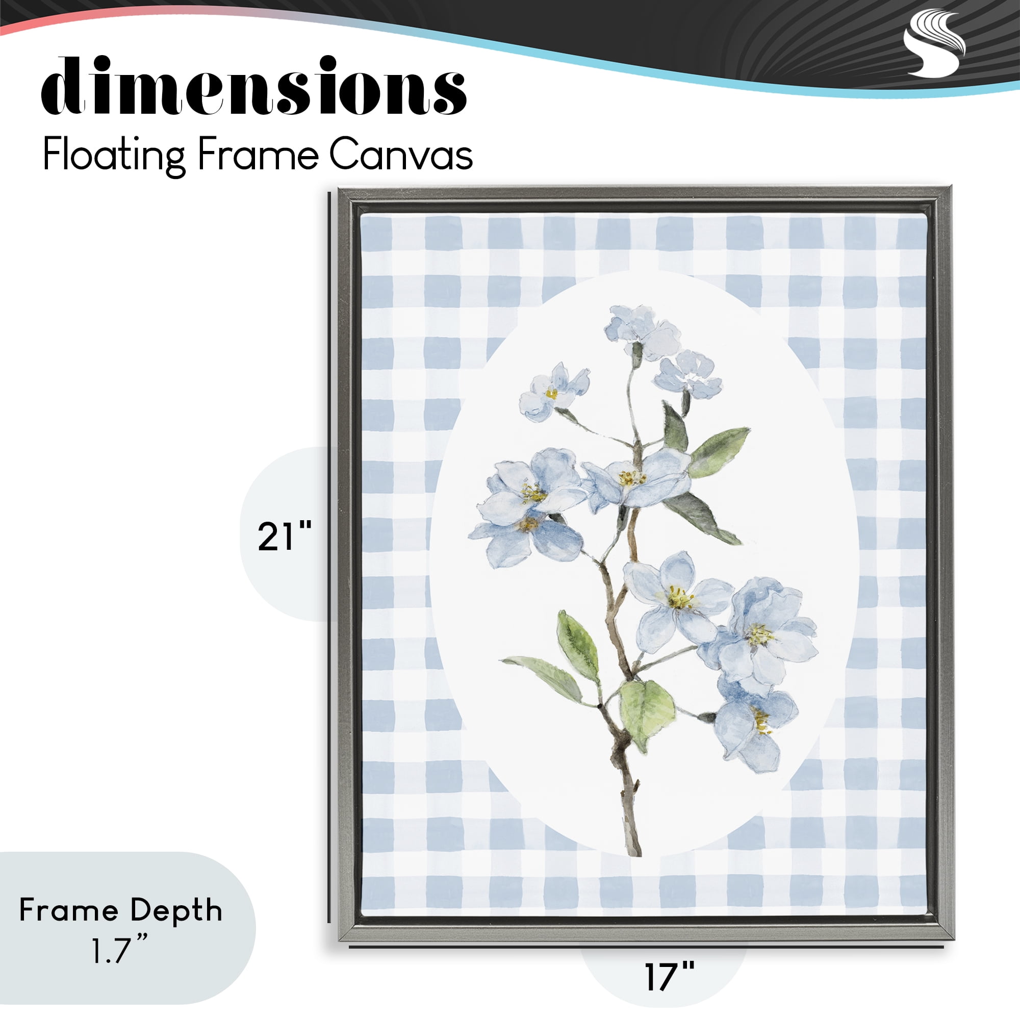 Stupell Industries Blooms on Blue Checkers Gray Framed Floater Canvas Wall Art, design by Lanie Loreth