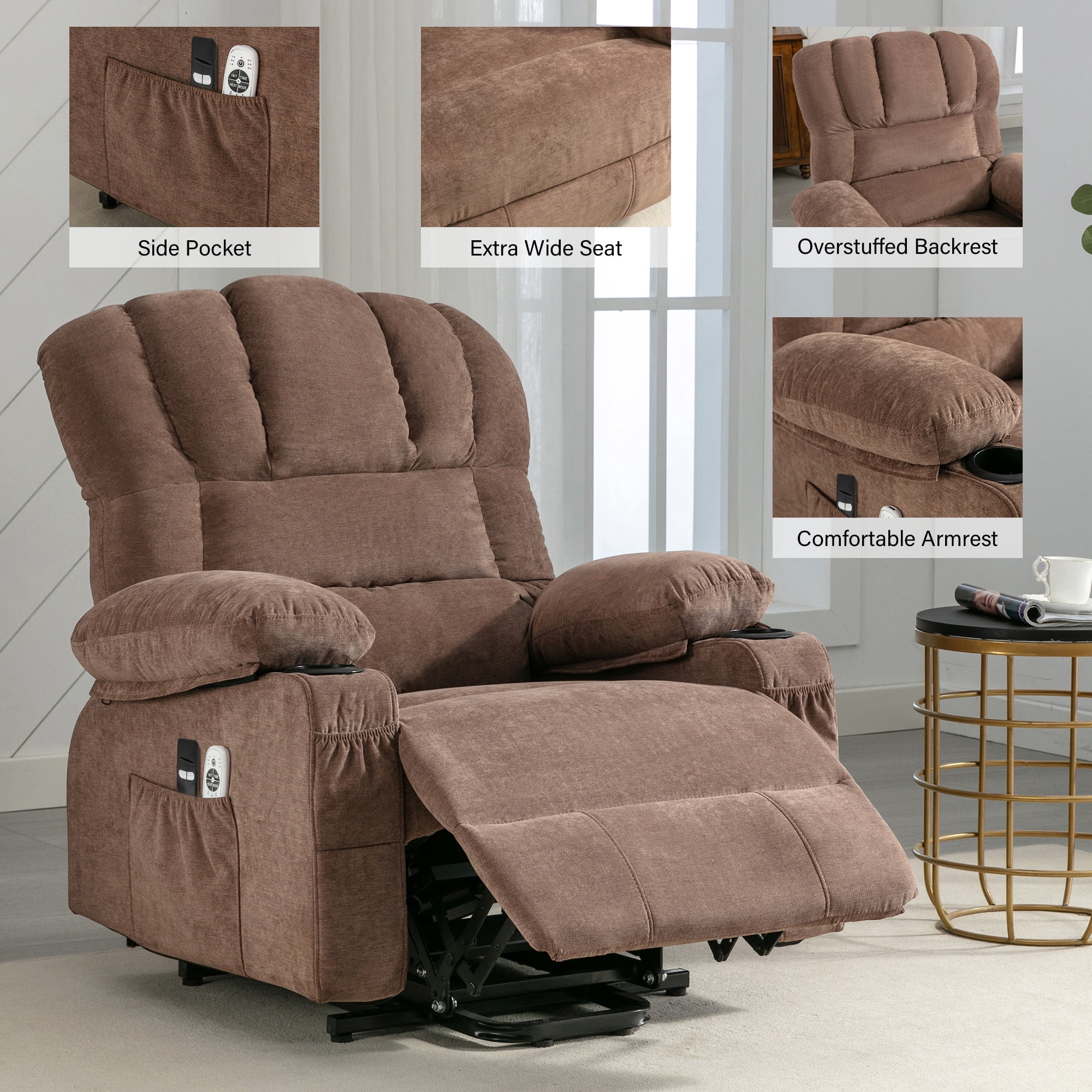 Segmart Power Lift Recliner Chair for Elderly with Massage & Heat, 350lbs Capacity, Soft Linen Fabric, Remote Control, USB Port, Brown – Electric Lounge Chair for Living Room