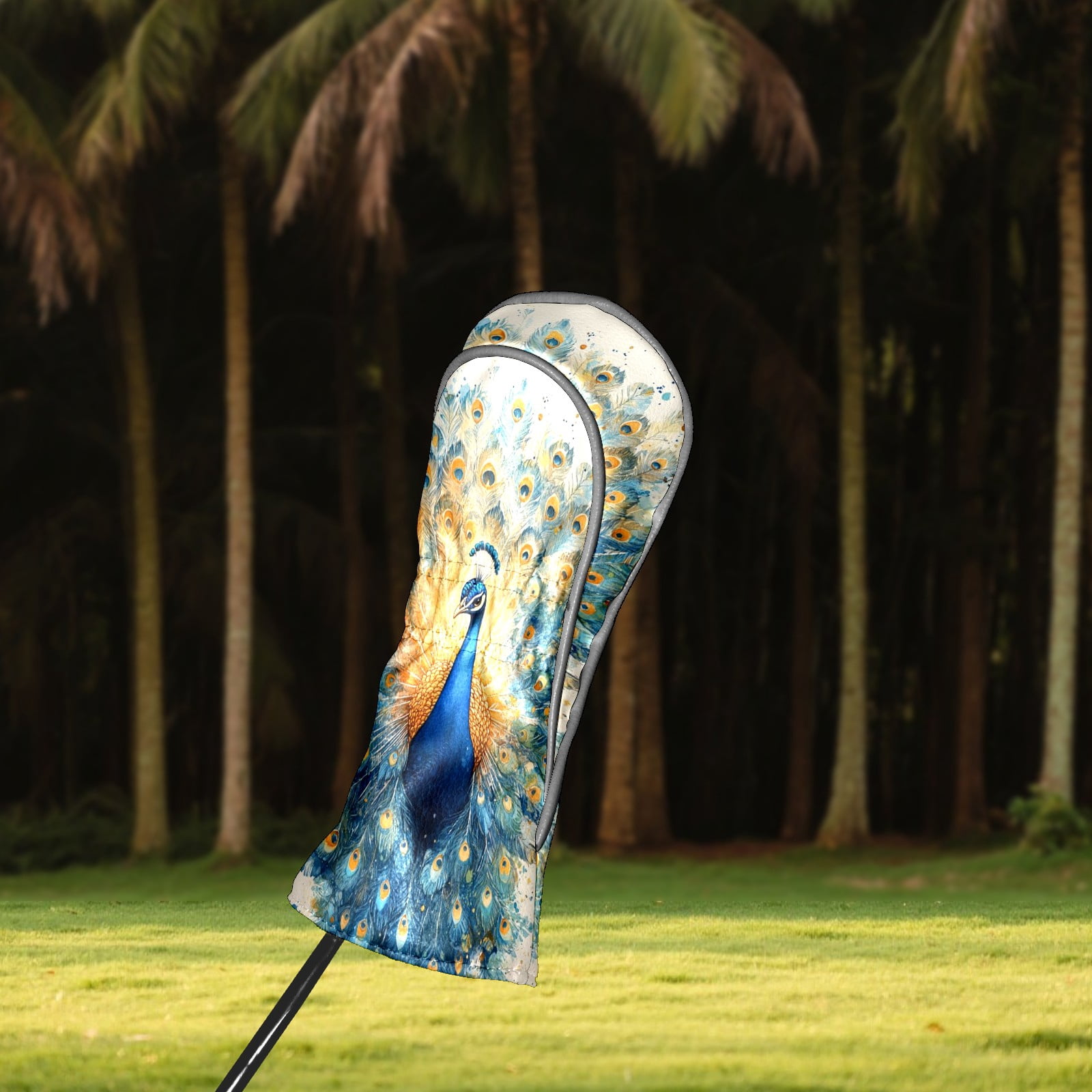 Golf Club Covers PU Leather Waterproof Head Covers for Fairway Woods Hybrids Blue Peacock Pattern Unisex Fits Most Brands