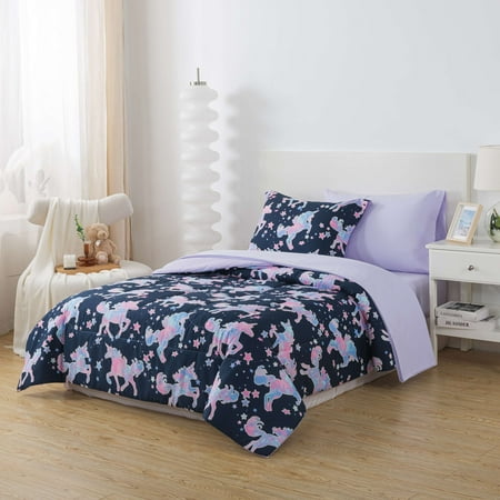your zone glow in the dark 5-piece unicorn twin bedding set for kids with fabric storage bag, twin
