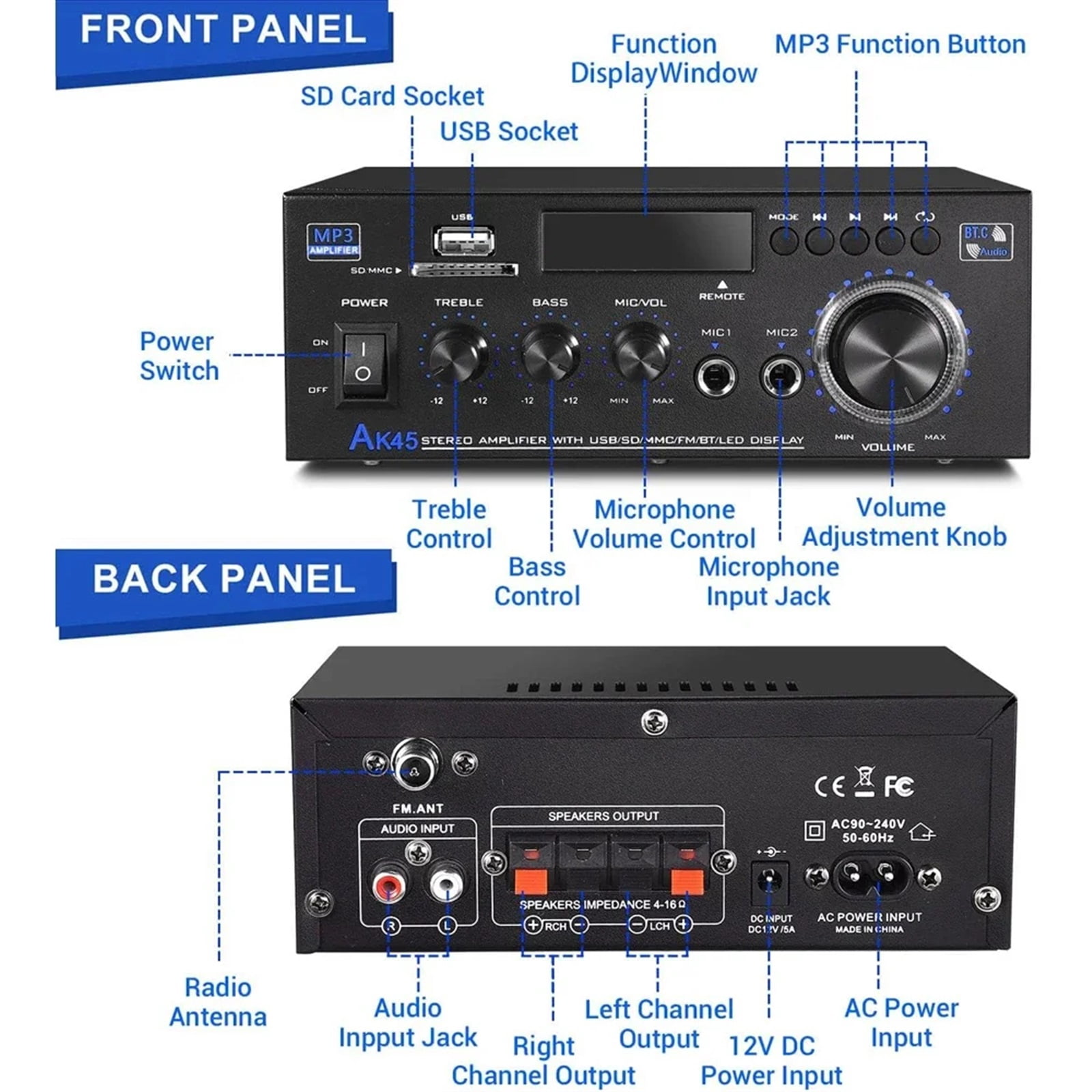AK45 Power Amplifier HiFi Stereo Amplifier Channel 2.0 Max Power 90Wx2 AMP for Home Theater Car Amp De ,Bass & Treble Control
