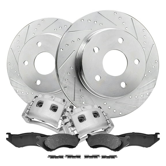 Detroit Axle - Front Brake Kit for 02-05 Dodge Ram 1500, 05-06 Durango, 13.23'' Drilled & Slotted Disc Brake Rotors Brake Calipers Ceramic Brake Pads 2002 2003 2004 2005 2006 Replacement
