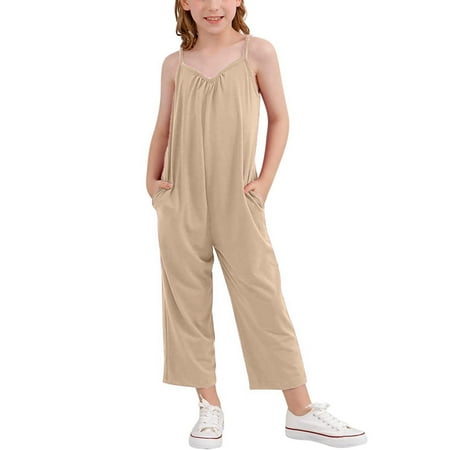 

Girls Fashion Solid Casual Romper Sleeveless Halter Long Pants Jumpsuit With Side Pockets Summer Clothes