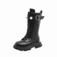 thumbnail image 2 of Girls' Buckle Strap Mid Calf Boots Solid Color Lace Up Leather for School Campus Wear Weekend Party Outfits 3-15 Years Black 9.5-10 Years, 2 of 9