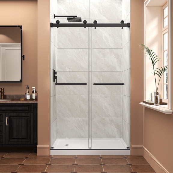 43"-48"W x 76"H Frameless Double Sliding Shower Door, 5/16" Glass, Matte Black