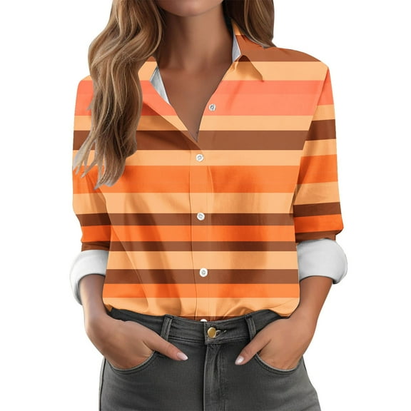 TKLPEHG Long Sleeve Shirts for Women Lapel Button Shirts Fashion Summer Loose Fitted Dressy Casual Blouses Striped Print Tshirt Womens Clothes (Orange,M)
