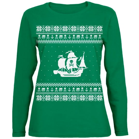 Pirate Ship Ugly XMAS Sweater Green Womens Long Sleeve T-Shirt - Medium