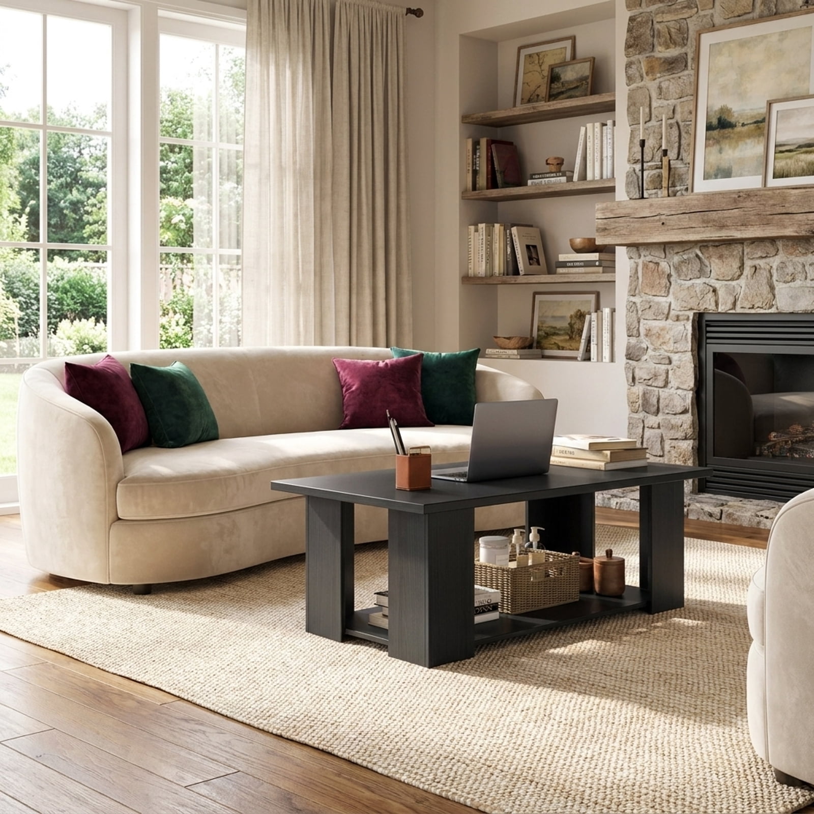 Furnibear Large 36/41 Inch 2-tier Wooden Modern Coffee Table with Storage Shelf - Black - Living Room Cocktail Center Table