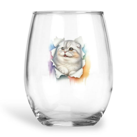 Funny Watercolor Adorable Scottish Fold Peeking Through Torn Paper Effect 15oz Stemless Wine Glass Mug Cat Lover Kitten Owner Gifts Wine Glasses Cup - 00026