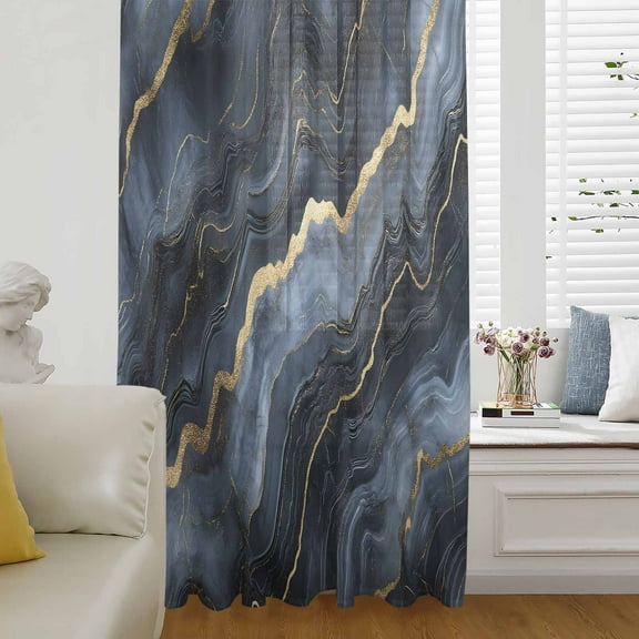 Navy Blue Marble Semi Sheer Curtains Drapes for Living Room, Bedroom, French Doors Window 108 Inches Long, Luxury Abstract Modern Rod Pocket Chiffon Curtain Drapery Voile Draperies Panel