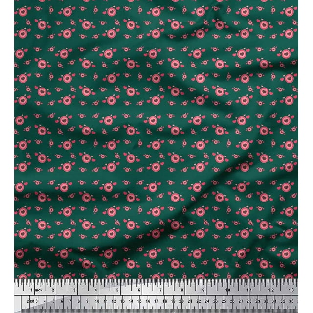 Soimoi Green polyester Crepe Fabric Circle & Heart Printed Craft Fabric by the Yard 42 Inch Wide