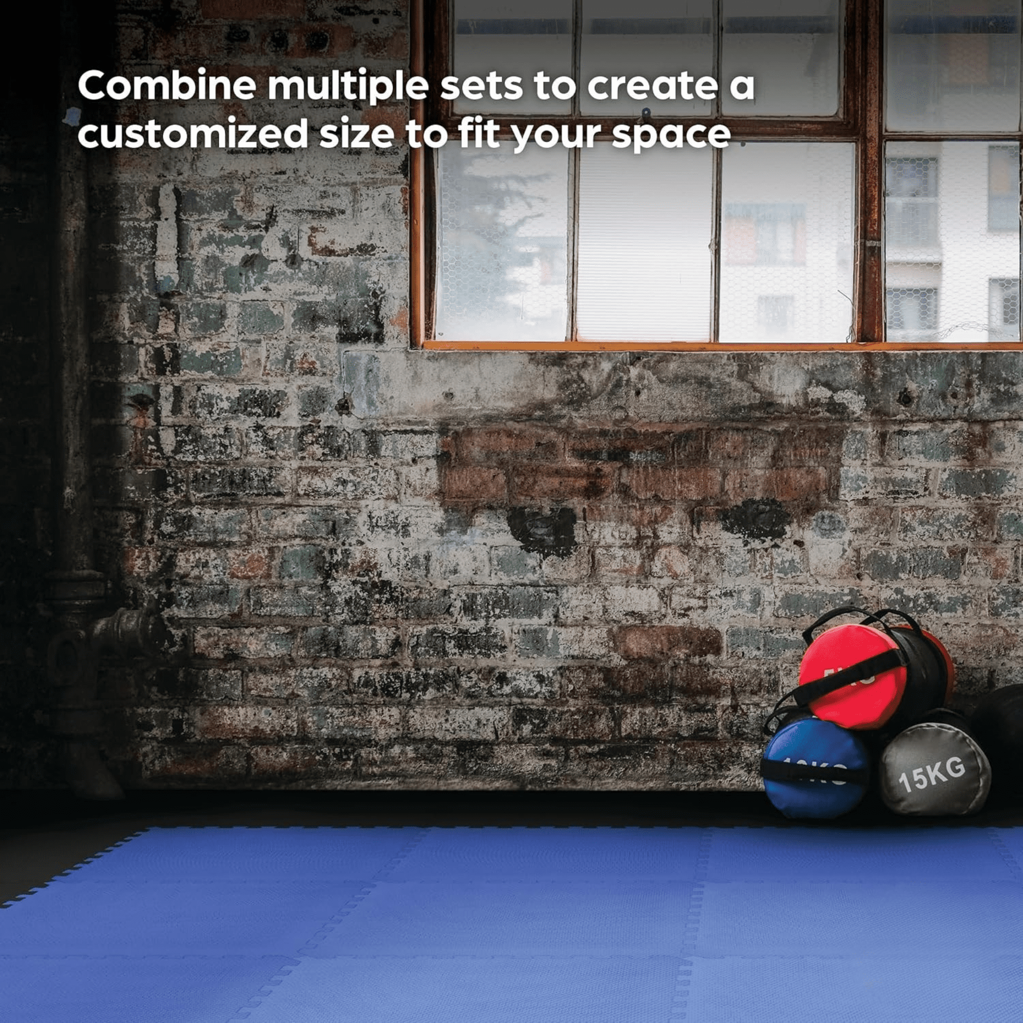 Norsk Reversible EVA Foam Exercise Mats - 6 Tiles with Edge Pieces, 24"x24" Interlocking Gym Flooring, Anti-Slip Workout Mats (Blue-Black)