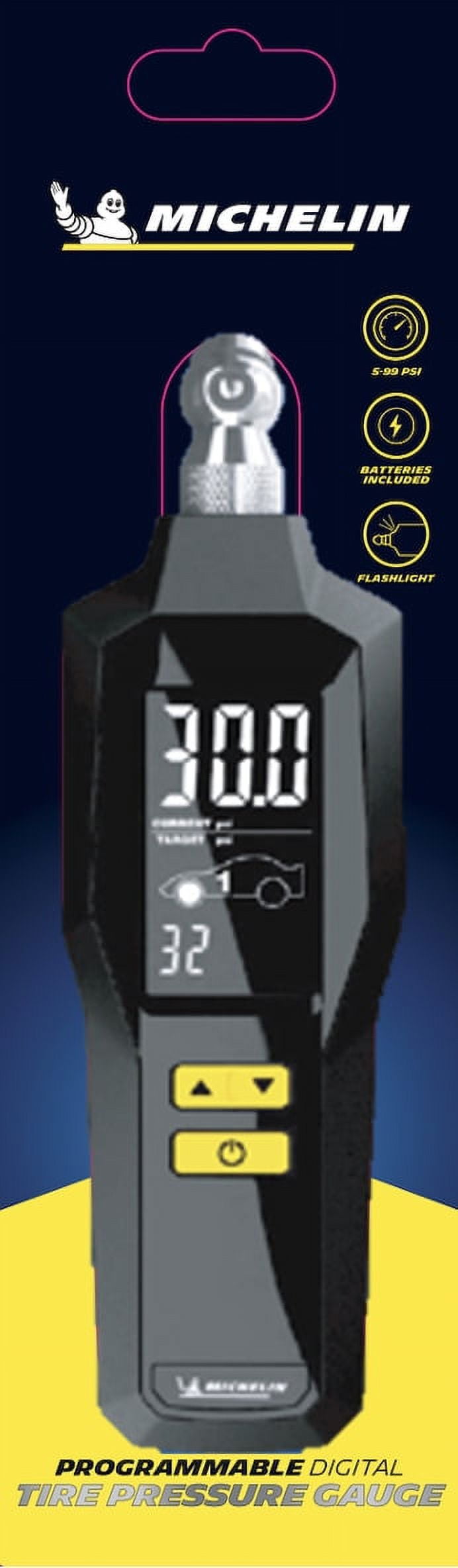 Michelin Programmable Digital Tire Pressure Gauge 1 Pack, Black, 5-99 Psi, 5.31 inches long, 1.3 inches wide