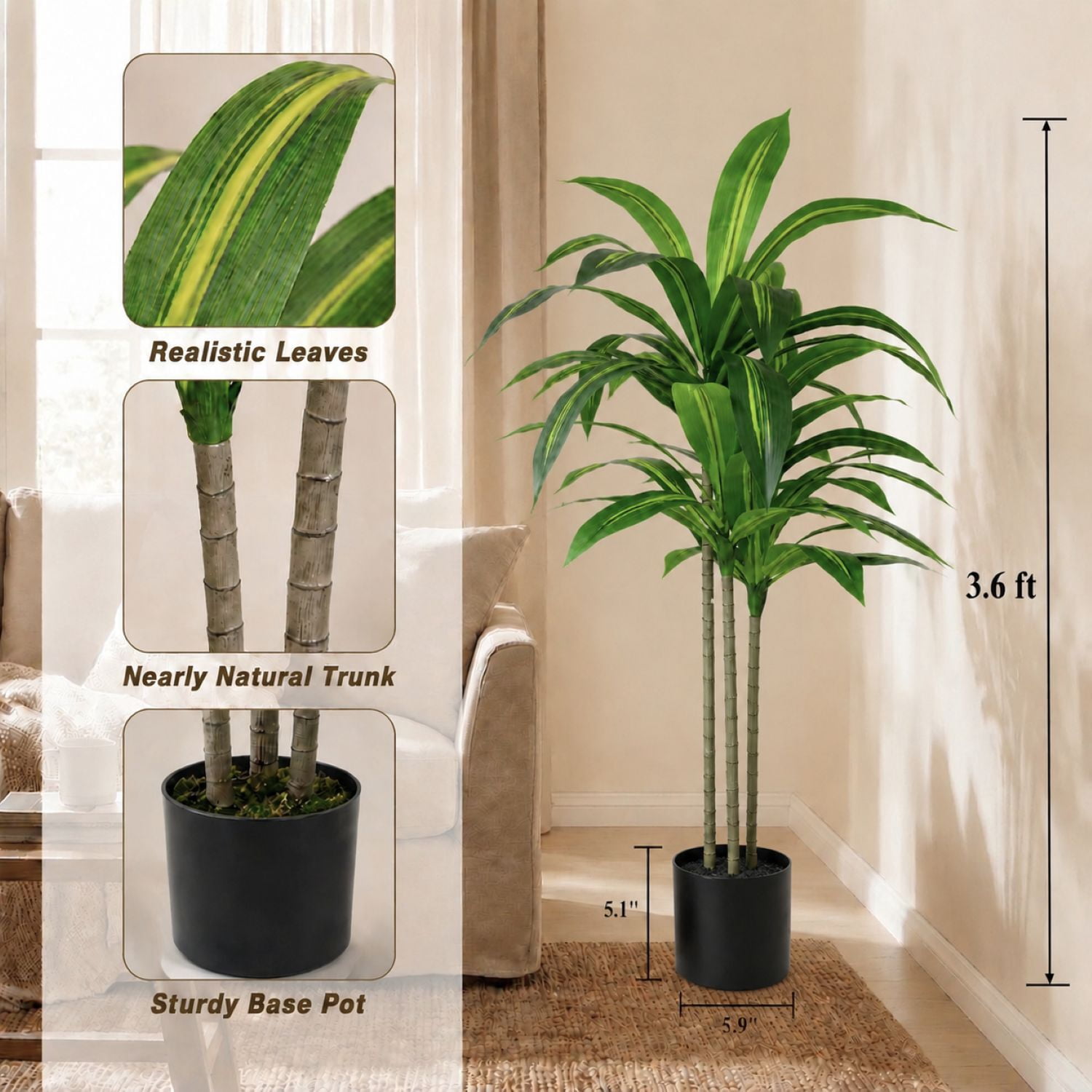 Easy4Home 3.6FT Artificial Plant Fake Dracaena Tree Potted Indoor Faux Floor Plant for Home Office Decor, Black Pot