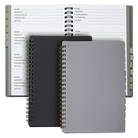 Juvale Password Book with Alphabetical Tabs - 5 x 7 in, 2-Pack, Gray & Black, 80 Lined Pages, Spiral-Bound, Plastic Cover - Password Notebook & Log Book for Username & Login Management