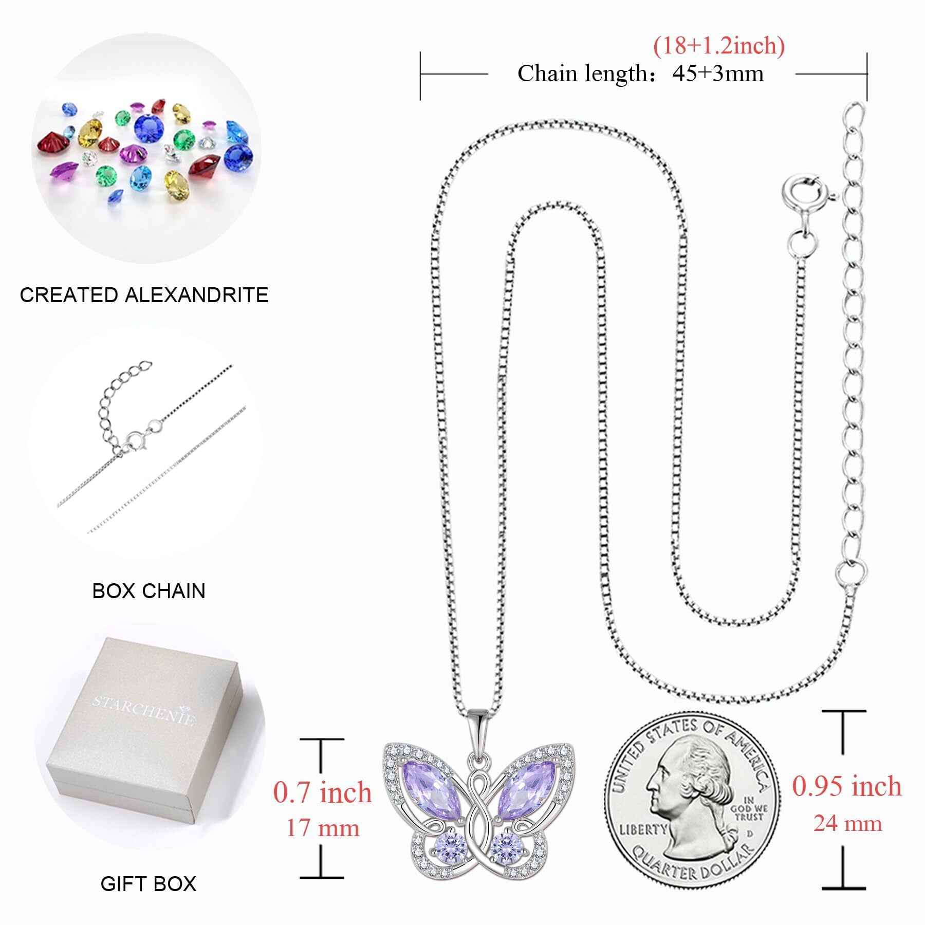 Starchenie Butterfly Pendant Necklace Women 925 Sterling Silver Birthstone June Alexandrite Butterfly Jewelry Gifts
