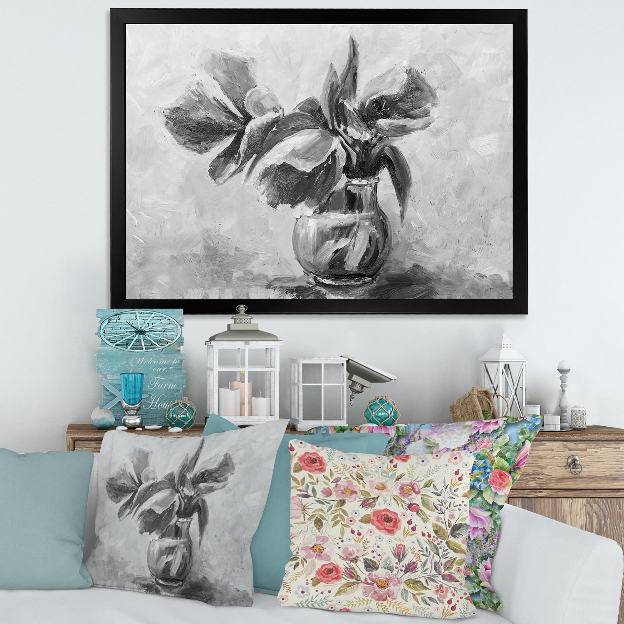 Designart 'Black and White Still Life Of Flowers In A Vase' Traditional Framed Art Print
