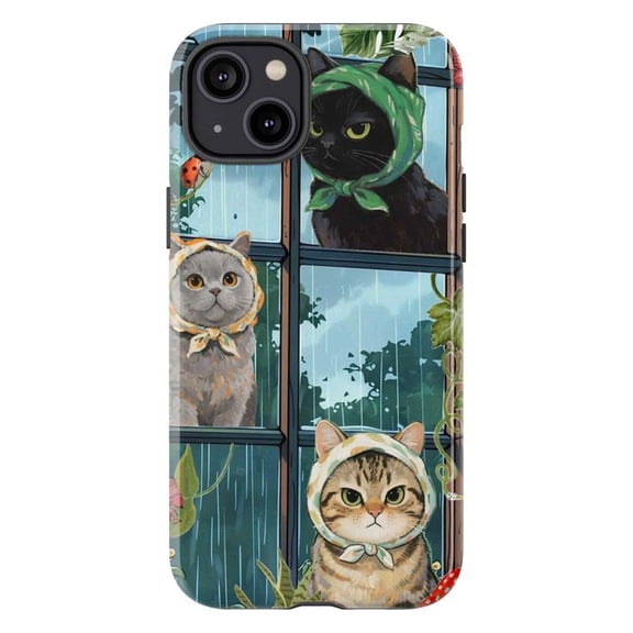 Babushka Cats Phone Case, Artistic Cát in Headscarves by Rainy Window Cover, Protective Case for iPhone 17 16 15 14 13 12 11 Pro Max Mini