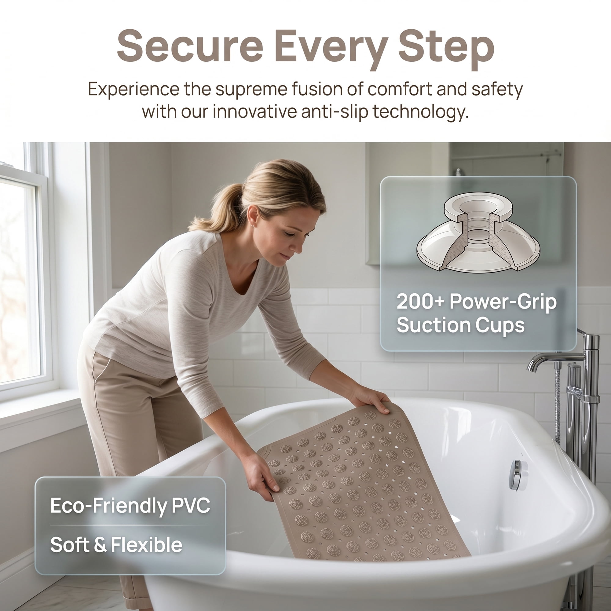 Unique Bargains Non Slip Quick Dry Machine Washable Bath Tub Mat Khaki 32" x 16"