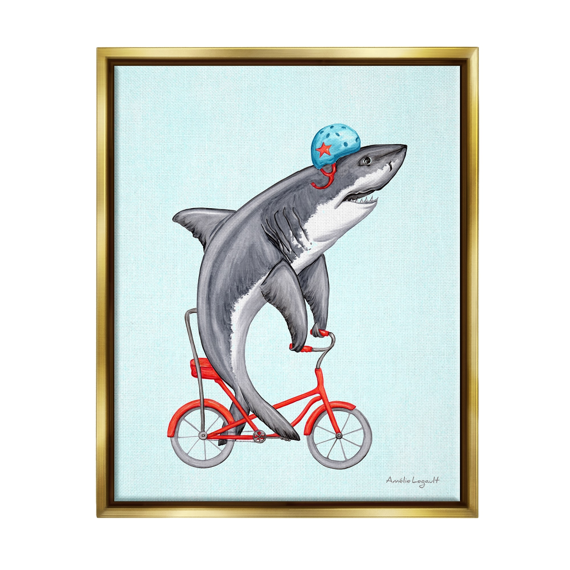 Stupell Industries Great White Shark On Red Bicycle Blue Helmet Graphic Art Metallic Gold Floating Framed Canvas Print Wall Art, Design by Amelie Legault