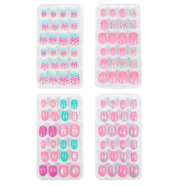 4 cajas / 96 piezas Uñas para niños Uñas postizas para niños Prensa de dibujos animados para niñas en uñas postizas