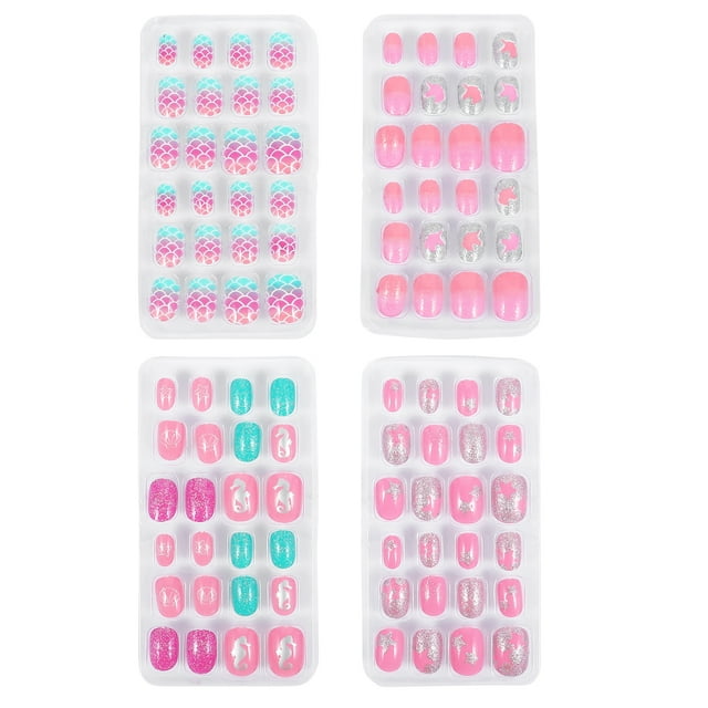 4 cajas / 96 piezas Uñas para niños Uñas postizas para niños Prensa de dibujos animados para niñas en uñas postizas