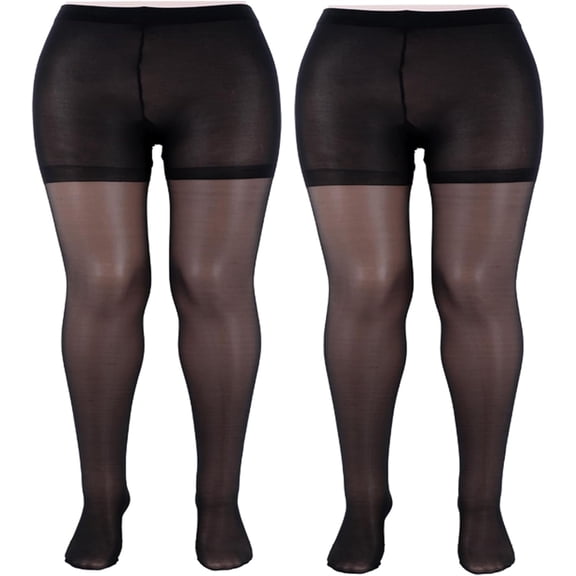 2 Pairs Plus Size Sheer Tights for Women – 20D Control Top Pantyhose, Reinforced Toes, Ultra-Thin High Waist Black Stockings