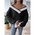 thumbnail image 4 of Womens Sweaters Long Sleeve - Knit Pullover Tops Contrast Color Stitching V-Neck Pullover Sweater Black L, 4 of 7